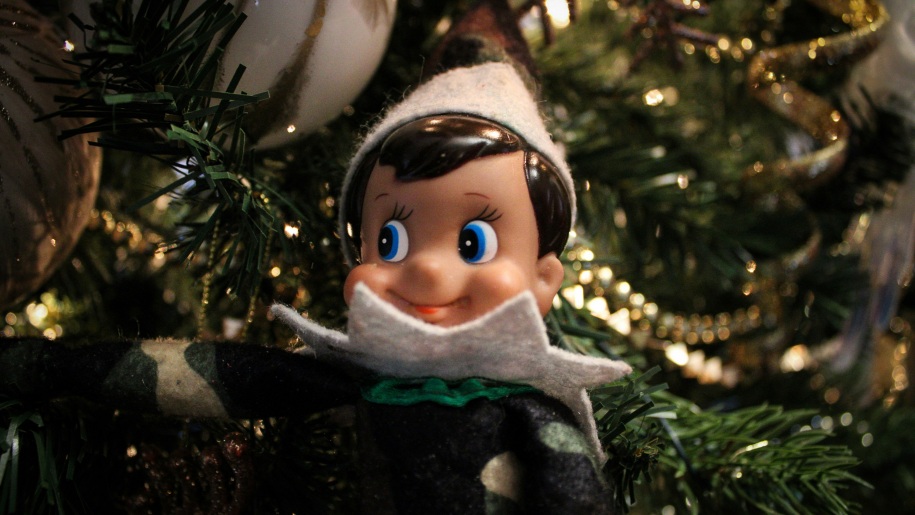 Elf toy sitting in a decorated Christmas tree.