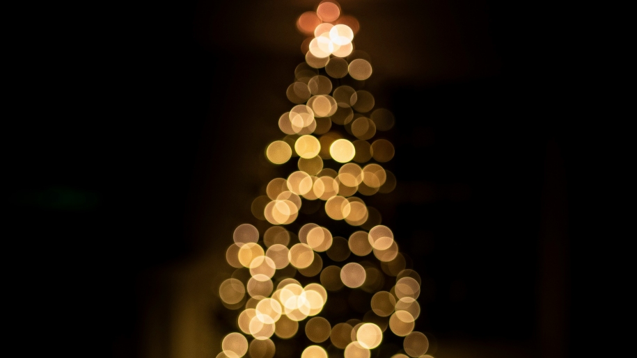 Christmas tree lit up by gold fairy lights.