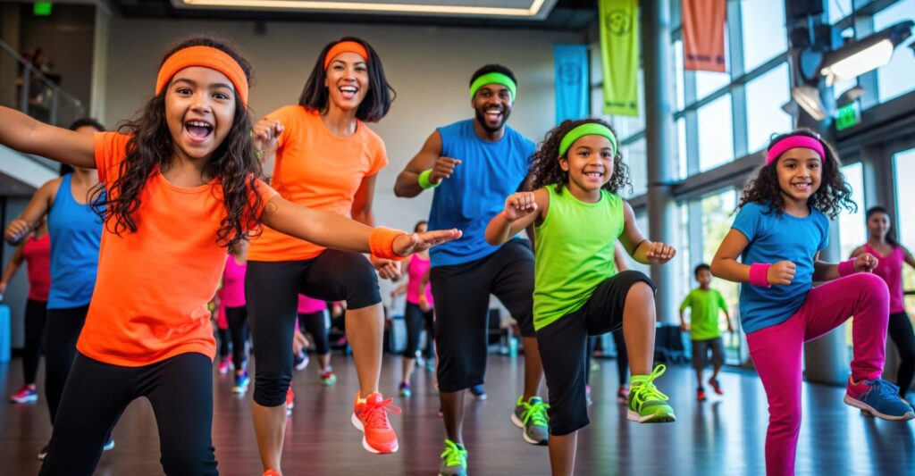family in neon work out gear smiling at the camera