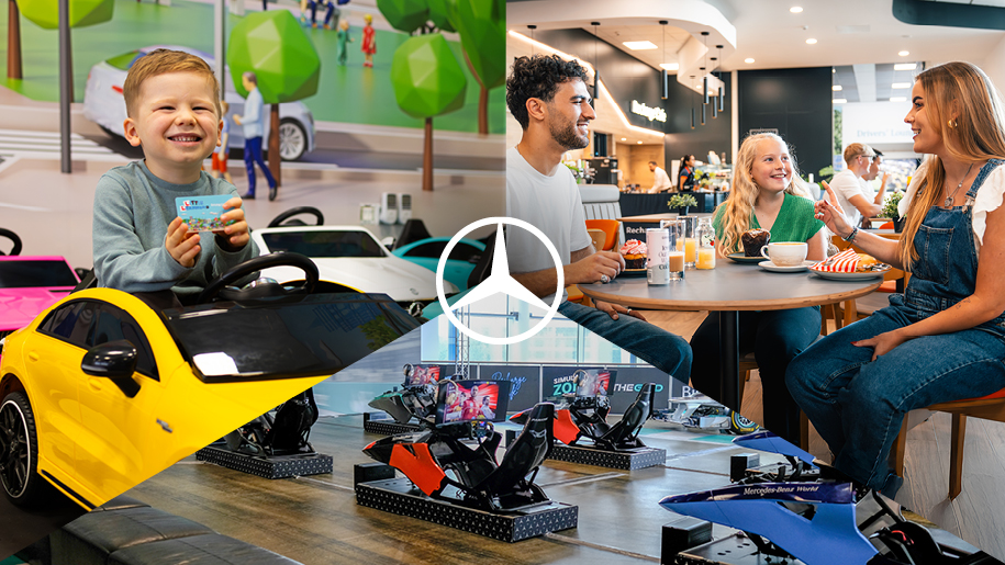 collage of scenes at Mercedes Benz World