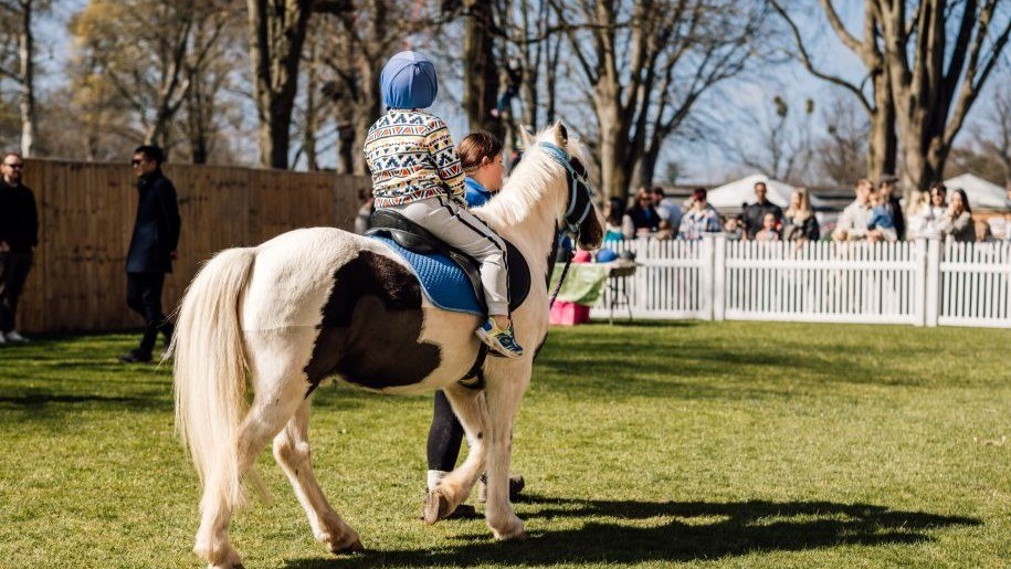 Child enjoying a ride on a piebald pony.