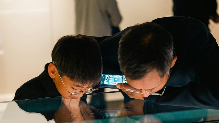 Father and son looking at a display cabinet in a museum.