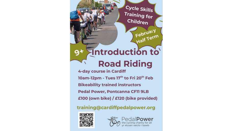 Pale blue poster advertising cycle skills training with Pedal Power in Cardiff.