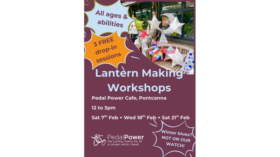 Purple poster advertising free lantern making workshops at Pedal Power.