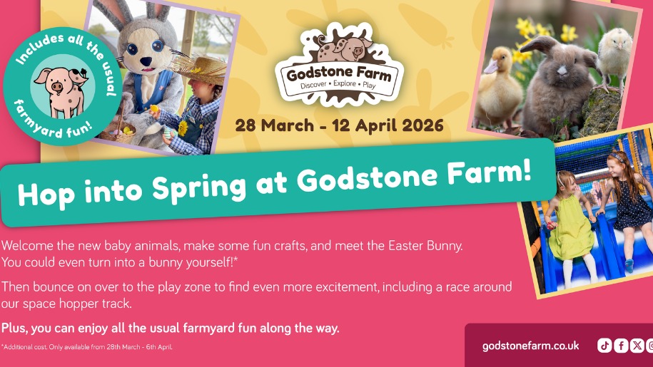 Poster for Godstone Farm's Hop into Spring event during the Easter holidays.