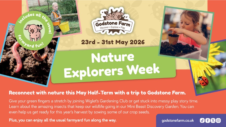 Orange poster advertising Godstone Farm's Nature Explorers Week over May half term.