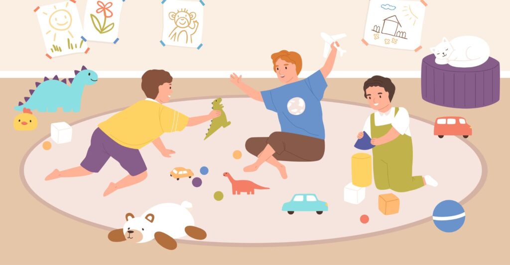 Children playing indoors with toys. Boys sitting together on carpet in playroom at home or kindergarten together. Colorful flat vector illustration