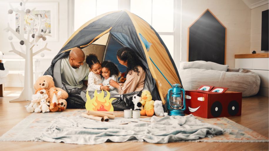 family camp out in living room