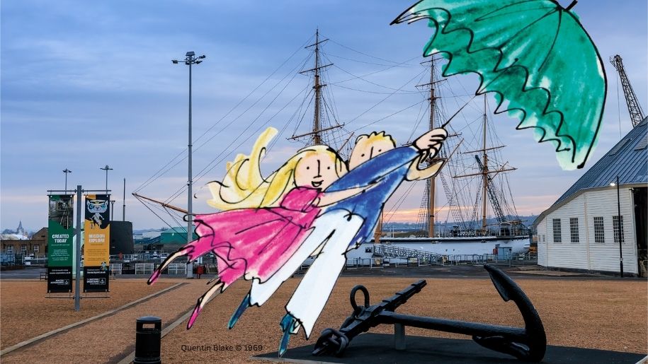 cartoon of jack and nancy over historic dockyard
