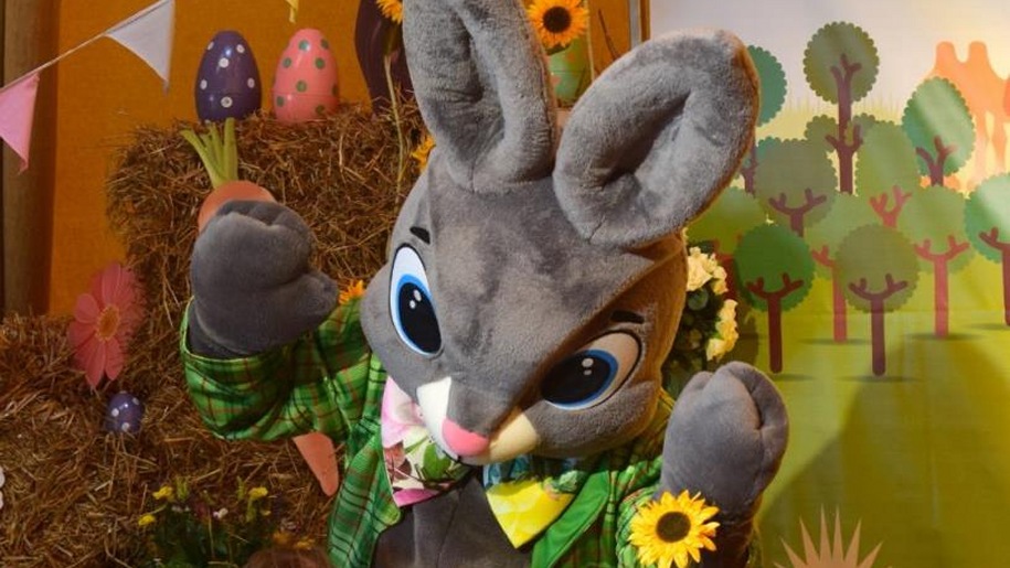 Large grey Easter Bunny mascot.