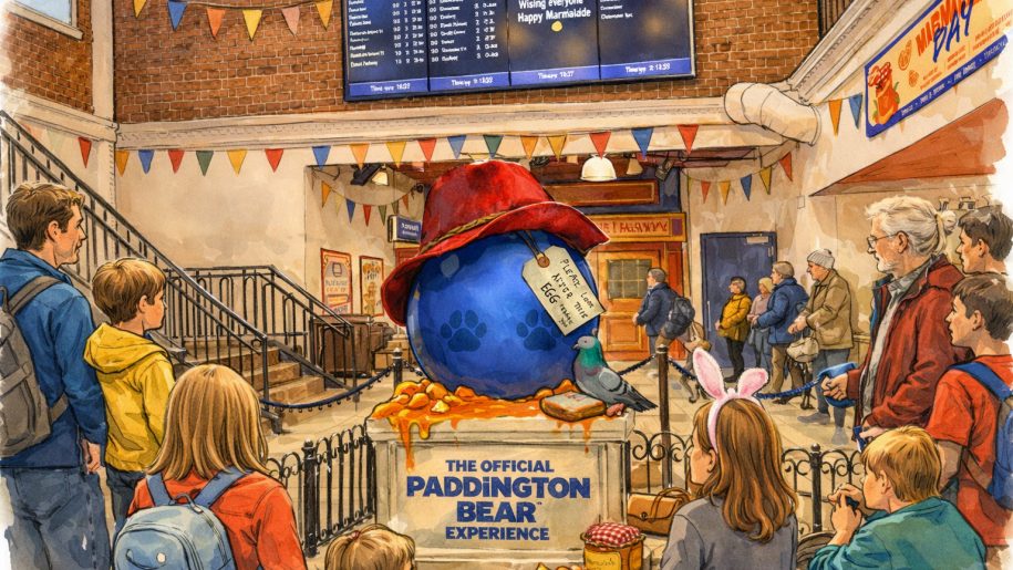 Drawing of visitors looking at the Easter egg installation at the Paddington Bear™ Experience.