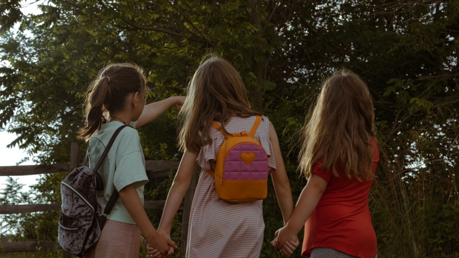 Three girls on a summer walk in the countryside.