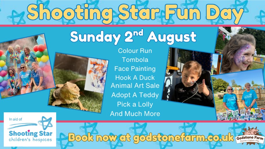 Poster advertising the Shooting Star Fun Day at Godstone Farm.