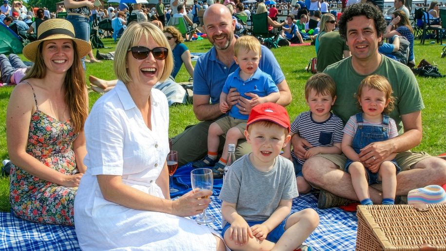 Families having a picnic on a rug in summer.