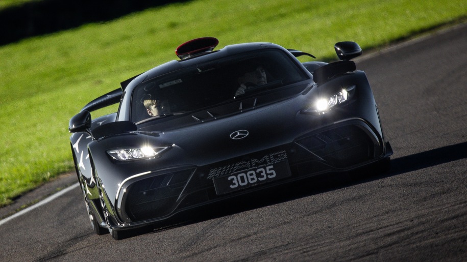 Black car on a race track.