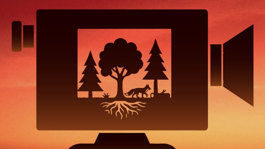 Orange and brown still frame of a fox and trees graphic from an animation.