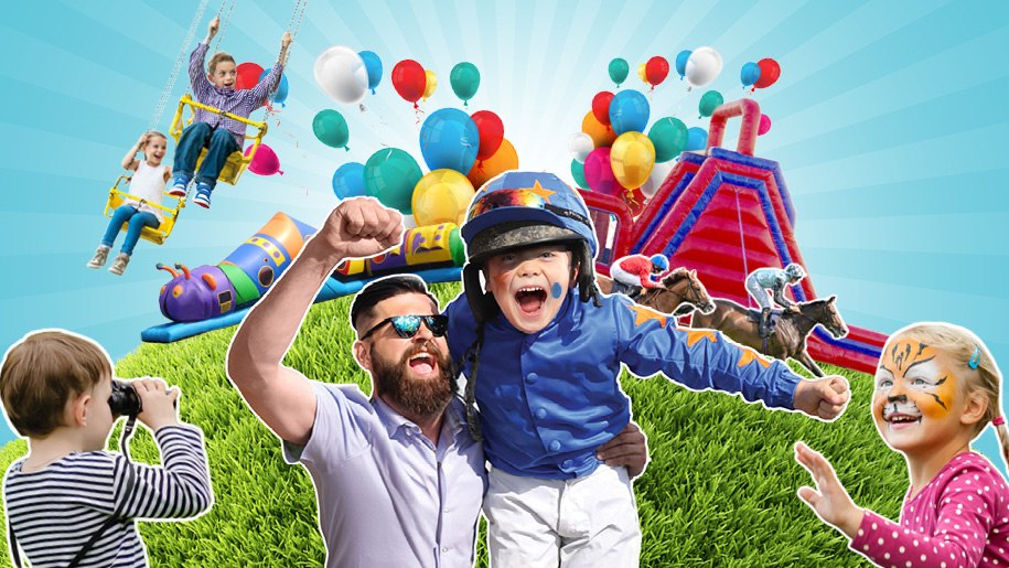 A family enjoying fun activities including face painting and fairground rides at a racecourse.