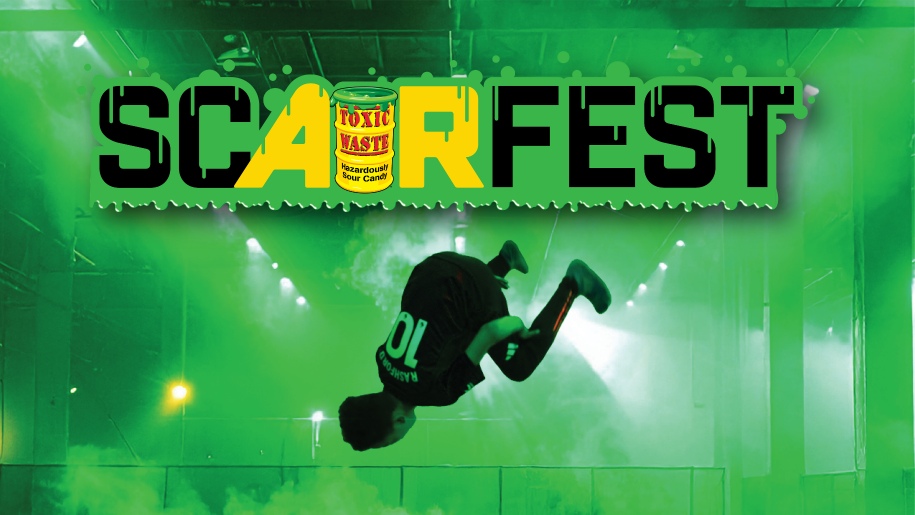 Poster for AirHop's Scairfest event, showing a person somersaulting in the air in a green-lit space.