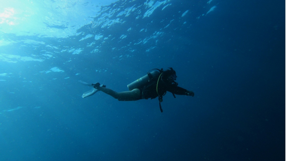 A deep sea diver alone in the depths of the oceans.