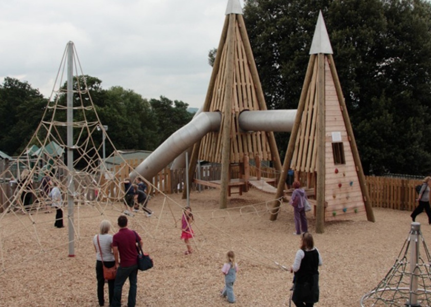 Tall pyramid climbing frames in outdoor adventure playground at Cannon Hall Farm