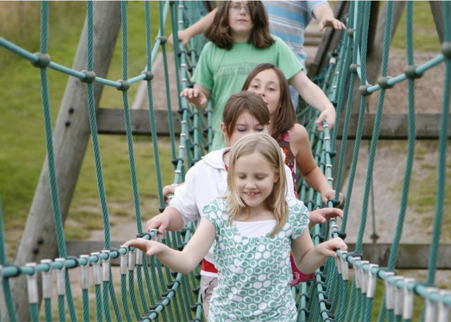 children crossing rope bridge at Conkers Derbyshire
